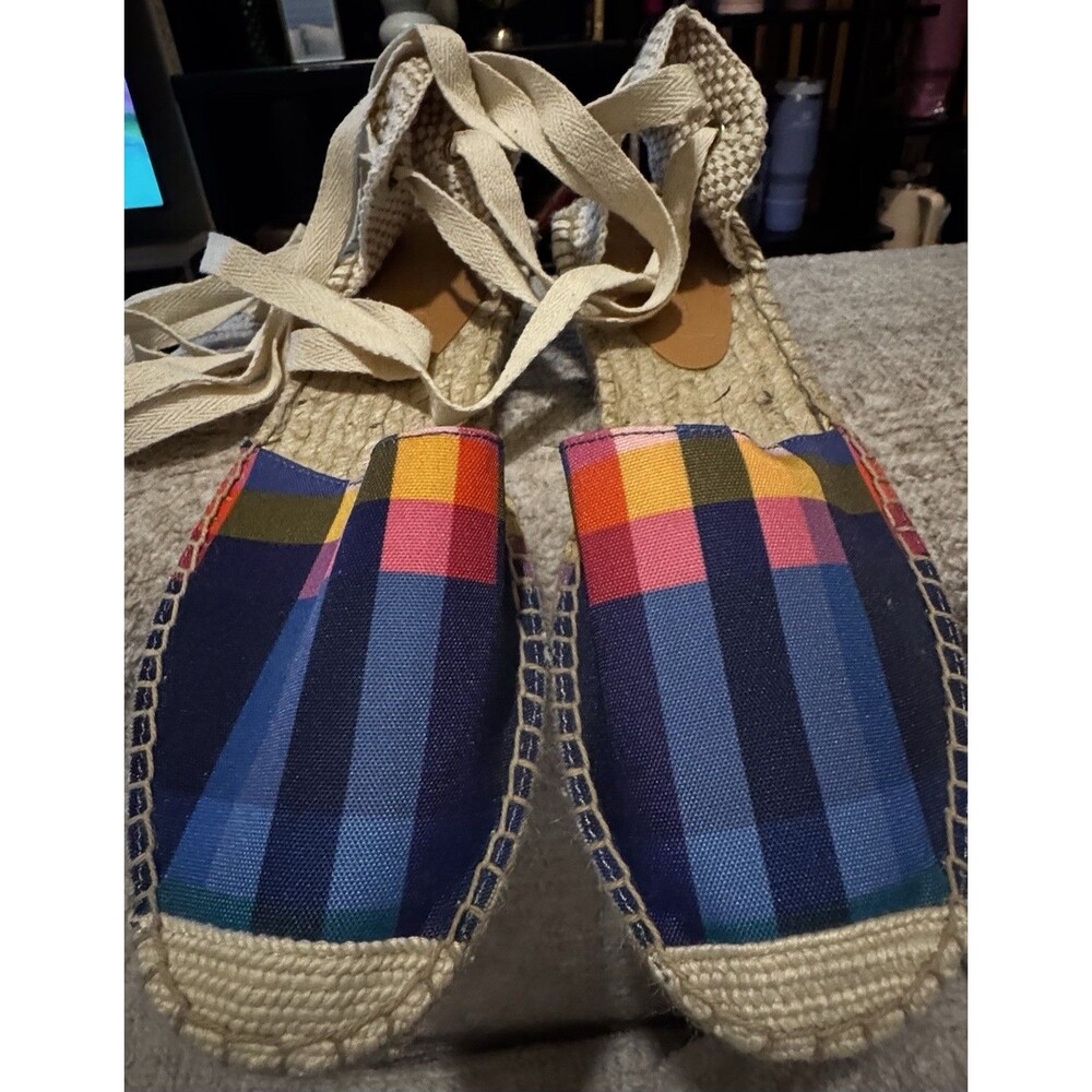 EUC J.Crew Women Madras Ankle Tie D’Orsay Flat Espadrilles Sandals Size 7